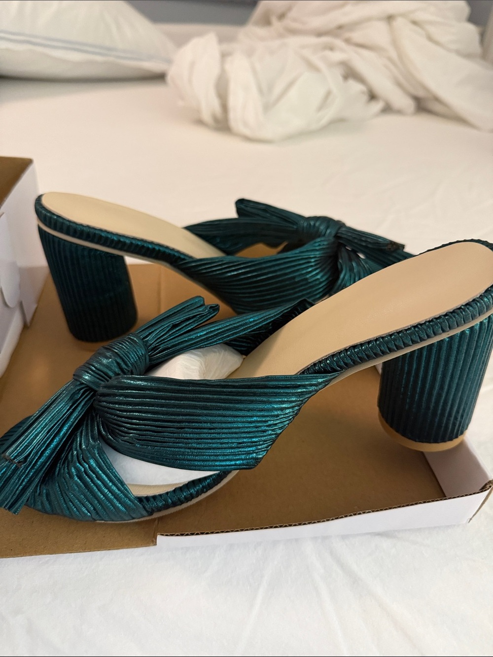 Women's Emerald Green Knot Front Block Heel Mules